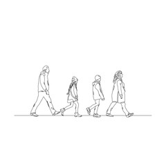 dessin en ligne continue d'une famille marchant en ligne, line art, vecteur