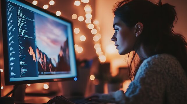 Woman Coding at Night with Warm Lights