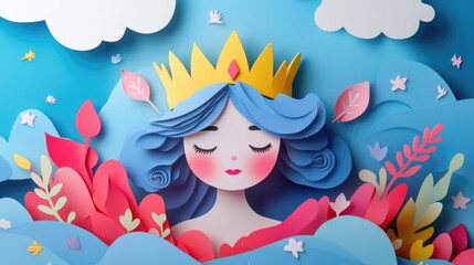 Queen in Paper Cut Style Illustration with Whimsical Background