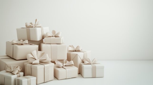 A stack of ivory gift boxes with ivory ribbons arranged on a clean white background. The monochrome look is elegant and minimalist, suitable for various special occasions.