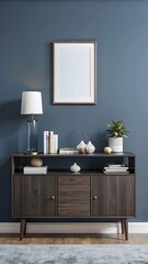 A modern interior setting features a dark wooden sideboard against a deep gray wall.
