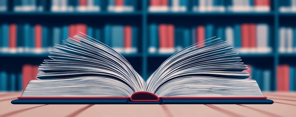 Fototapeta premium Detailed anime library with open books and a soft breeze rustling pages capturing a quiet studious moment school life illustration