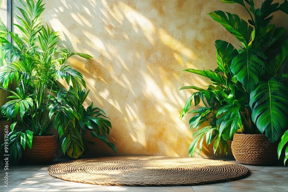Poster tropical oasis: a sun-drenched backdrop of lush greenery with a rustic woven rug, creating a serene 