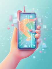 a hand holding a smartphone with a map coming out of it