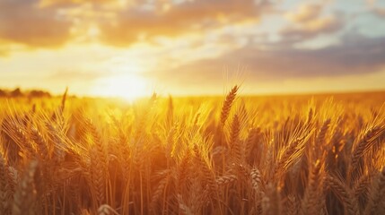 Fototapeta premium Golden wheat field at sunset with warm sunlight illuminating the landscape in late summer