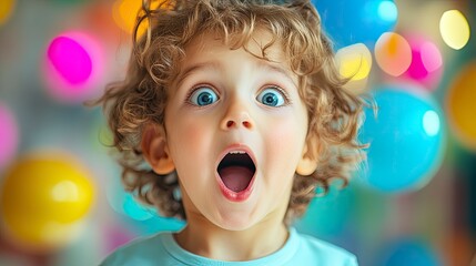 Color photo of a child feeling surprised, wide-eyed with mouth open, seeing a magic trick, indoor party setting, vibrant colors, photorealistic