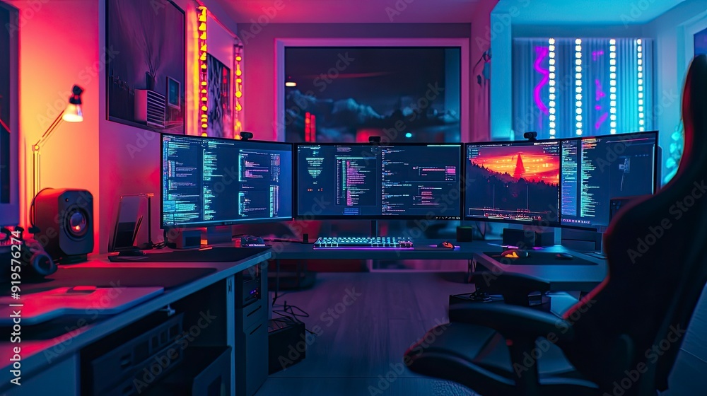 Aufkleber color photo of a high-tech workspace with multiple monitors, sleek design with glowing interfaces, d
