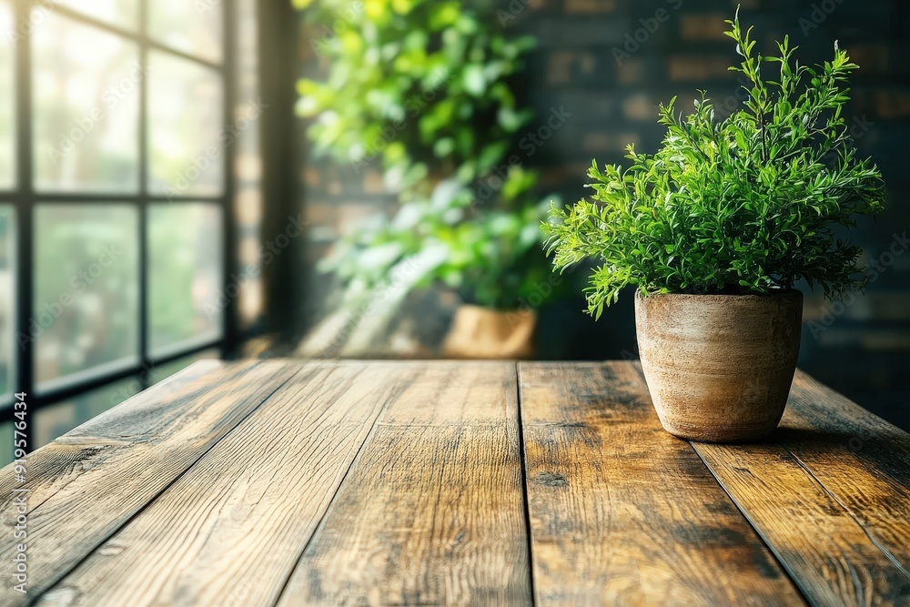 Poster rustic tabletop with window light: a warm, inviting scene with a wooden table bathed in natural ligh