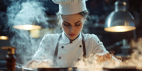 Caucasian Female Chef with Chef's Hat, Cooking in Restaurant Kitchen