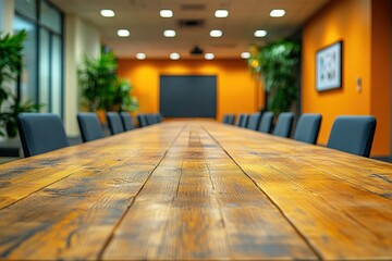 Modern Boardroom:  A long, rustic wooden table with dark chairs, bathed in warm light,  evokes a sense of professionalism and collaboration. The inviting setting suggests thoughtful discussions, strat
