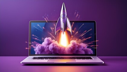 sleek laptop transforming into a soaring rocket against a vibrant purple backdrop dynamic illustration represents technological innovation and business growth