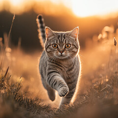 Obraz premium Cat running towards camera in golden field.