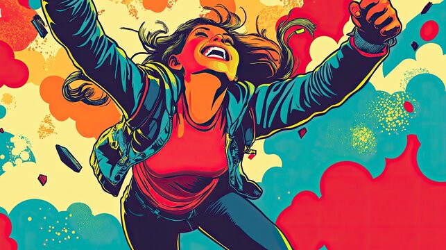 Comic-style graphic of a New Yearâ€™s resolution, optimistic and fun, bold colors, dynamic poses