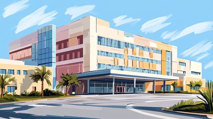 Obraz premium Digital painting of a hospital building, detailed architecture, clean and modern design, bright and inviting style