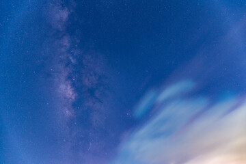 Nighttime seaside view featuring Turtle Island, with a stunning galaxy, starry sky, and occasional lightning. Romantic and dramatic night sky, Yilan County, Taiwan.