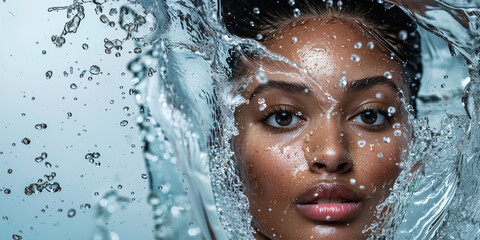 Portrait of a young beautiful black woman with water splashes