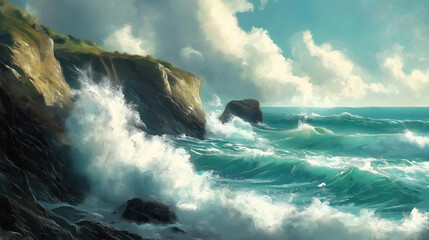 Ocean waves crashing against cliffs