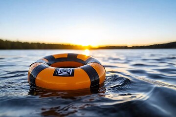 Obraz premium Bright orange lifebuoy floating on tranquil lake water at sunset, perfect for summer, rescue, or safety-themed stock photos.