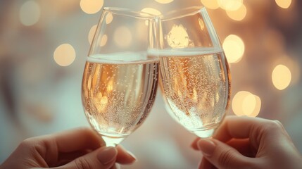 Obraz premium Macro photo of a New Yearâ€™s toast, detailed and celebratory, clinking glasses, natural light