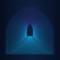 Futuristic background. Abstract 3D perspective transparent overlay pattern by blue green light lines. Way through the tunnel. Vector illustration in concept of technology
