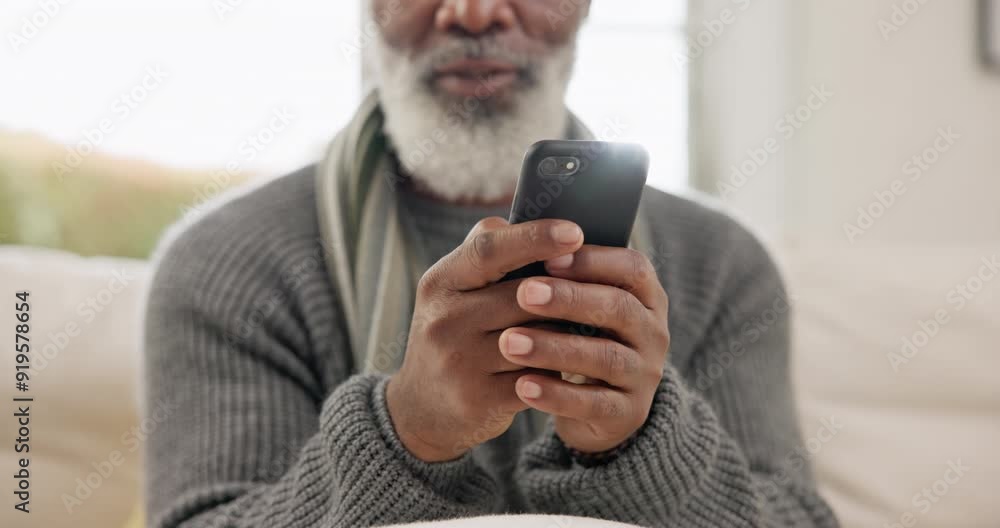 Poster phone, hands and senior man typing in home, reading social network notification or update subscripti