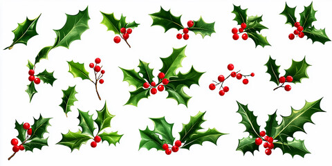 Fototapeta premium f realistic holly leaves and red berries in different poses on a white background