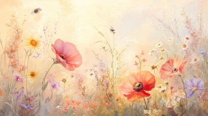 Pastel drawing of wildflowers, meadow and insects, soft and delicate, sunny and warm