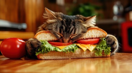 Pleased cat napping on a sandwich with cheese and veggies.