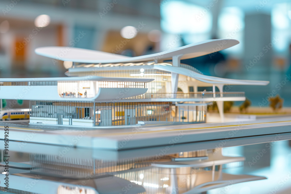 Poster architectural model of a new transportation hub showcasing efficiency and modern design project high