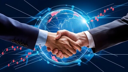 Digital Partnership Concept - Businessmen Handshake, Global Stock Market Graph, and Network Connection Diagram Background. A dynamic scene depicting businessmen shaking hands