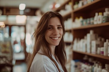 Pharmacist smiling while standing near shelves stocked with medicine