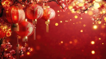 A rich red background adorned with Chinese New Year decorations, including lanterns and symbols of prosperity, creating a festive atmosphere.
