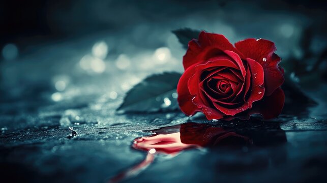 A red rose bleeding onto the ground, light reflecting off the blood, set against a dark background with mystical white smog.