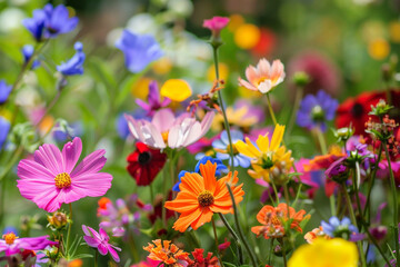 Array of colorful flowers blooming in a cosmic garden