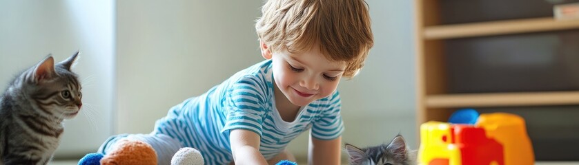Boy tidying up a pet's play area, child, chores, organization