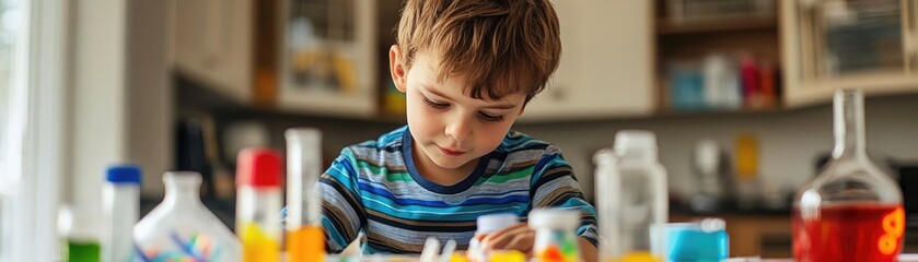 Obraz premium Boy cleaning and organizing his science project supplies, child, chores, organization