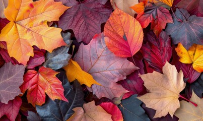 Obraz premium Colorful Autumn Leaves Laying on Ground in Vibrant Shades of Red, Orange, and Yellow