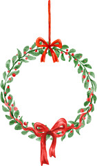 Naklejka premium Christmas Wreath with Red Bow Watercolor