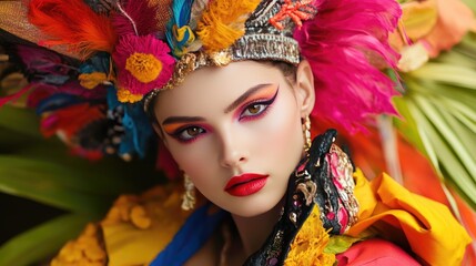 Fototapeta premium A stylish female model wearing bright, bold makeup and an elaborate headdress, captured in a vibrant and fashion-forward setting.
