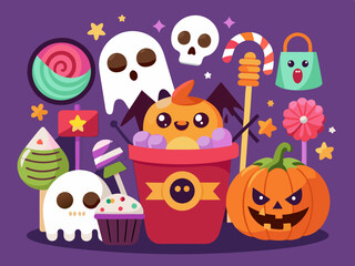 Halloween bucket with sweets. Trick or treat. Pumpkin buckets with candies, cat pack with lollipop, dessert inside skull bag, party ghost basket. Kids treat. Vector set
