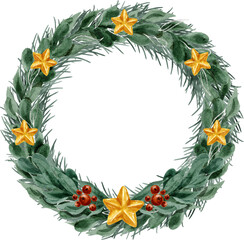 Christmas Greenery Wreath with Red Holly Berry and star Watercolor