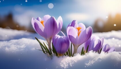 spring awakening closeup delicate purple crocuses emerging from pristine snow macro detail of petals crystalline snowflakes soft bokeh pastel sky renewal symbolism