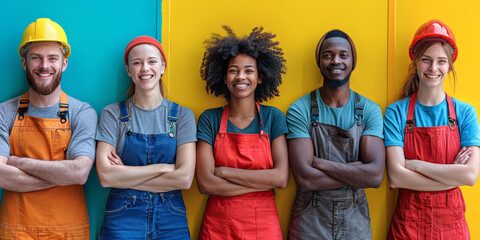 Diverse group of workers, united, proud poses, Labor Day banner, vibrant colors