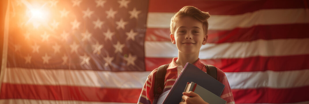 Portrait of a cheerful schoolboy holding books, standing in front of the American flag - Powered by Adobe