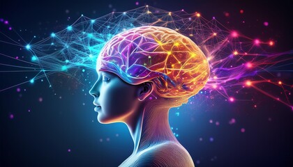 Obraz premium surreal ai brain visualization glowing neural networks form brain shape vibrant color gradient with floating data particles futuristic yet organic aesthetic on dark background