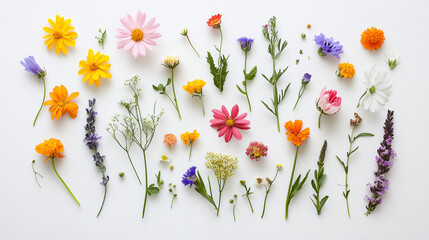 A flat lay of wildflowers arranged in a circular pattern