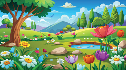 Obraz premium Illustration of a flower meadow in spring. AI digital illustration