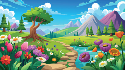 Illustration of a flower meadow in spring. AI digital illustration