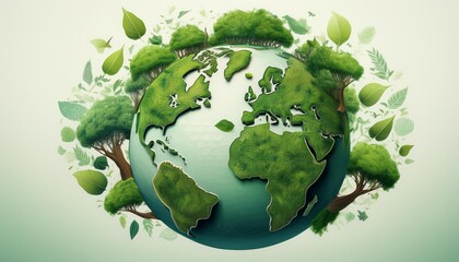 surreal digital illustration of earth as a lush green planet its continents covered in miniature trees surrounded by floating leaves and ecofriendly symbols on a pristine white background