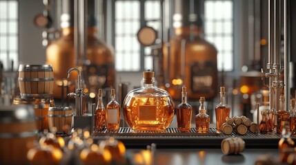 A beautifully arranged collection of bottles and barrels showcasing amber liquor in a distillery setting.